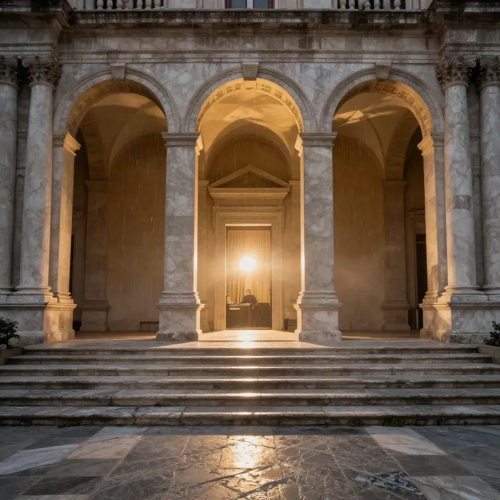 Portico monumentale bagnato di notte con museo e teatro illuminati dopo il temporale.