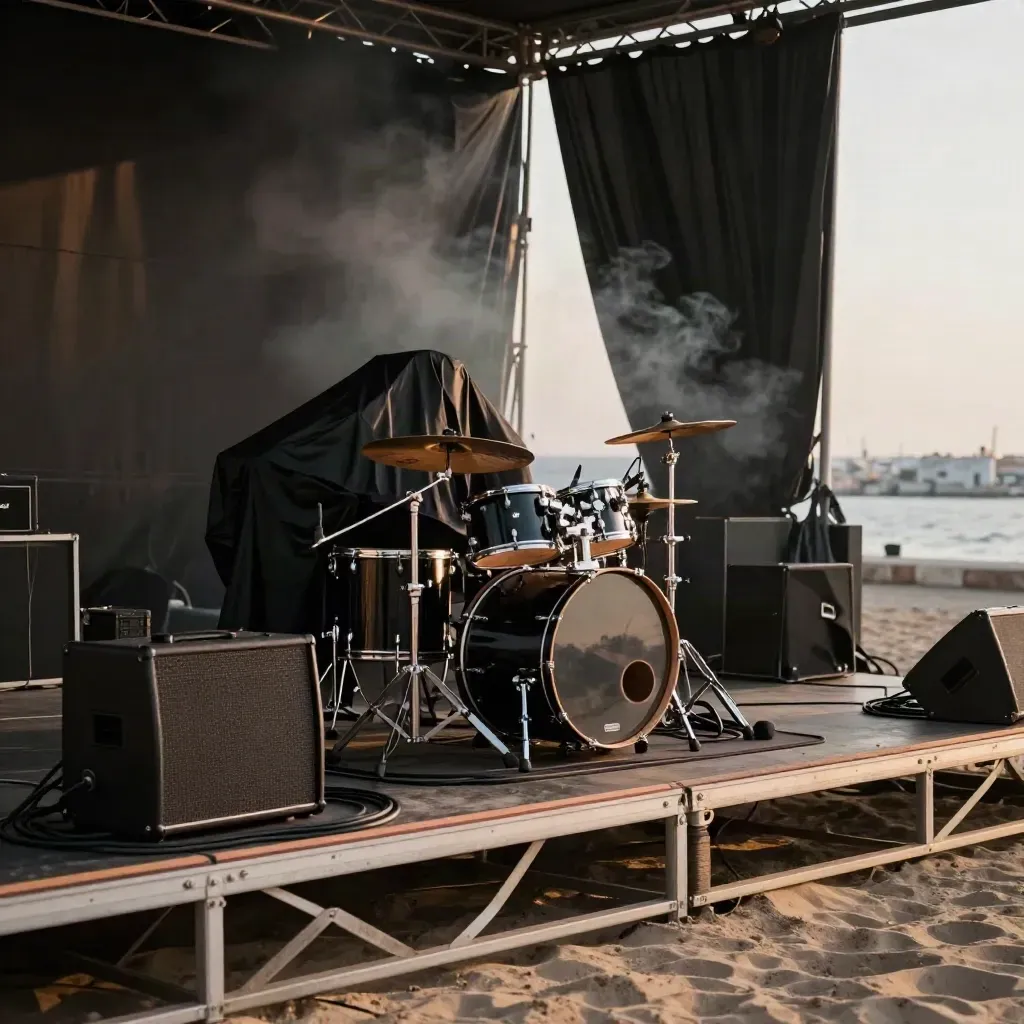 Palco all’aperto a Napoli con batteria coperta e amplificatori, luce del tramonto e mare sul fondo.