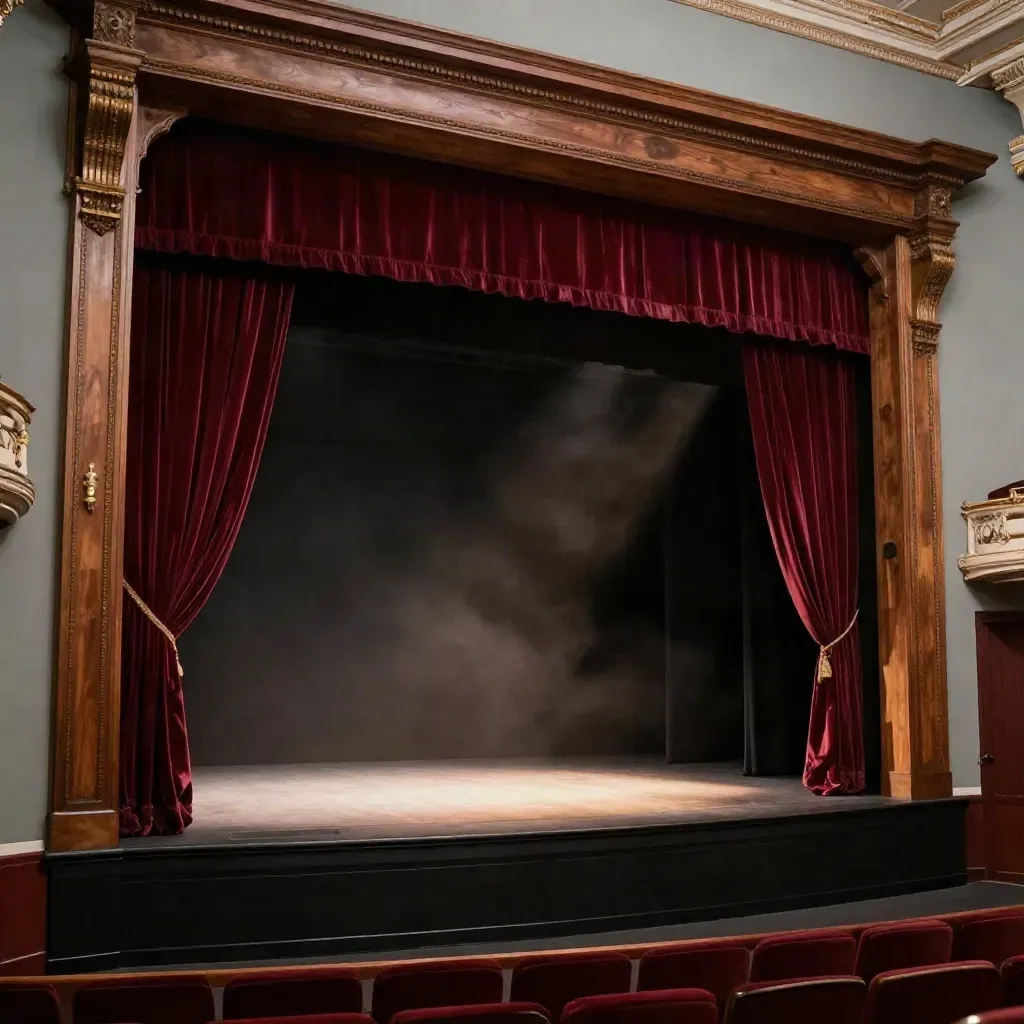 Sipario bordeaux di teatro romano che si apre, luce radente e polvere nel fascio
