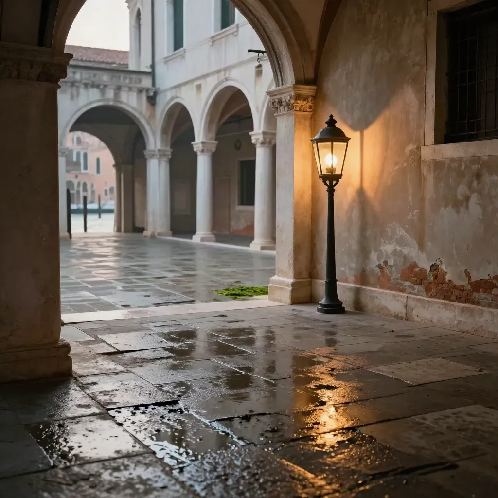 Cortile veneziano di museo con pietra consumata, lanterna calda e bruma sulla laguna.