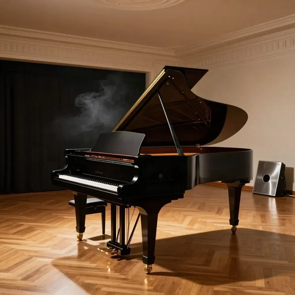 Pianoforte a coda chiuso su palco torinese con luci calde e foschia sottile
