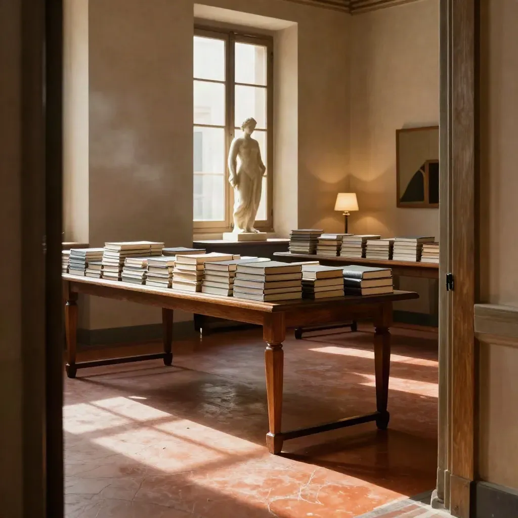 Sala fiorentina con volumi coperti, tavoli chiusi e una scultura in gesso alla finestra.