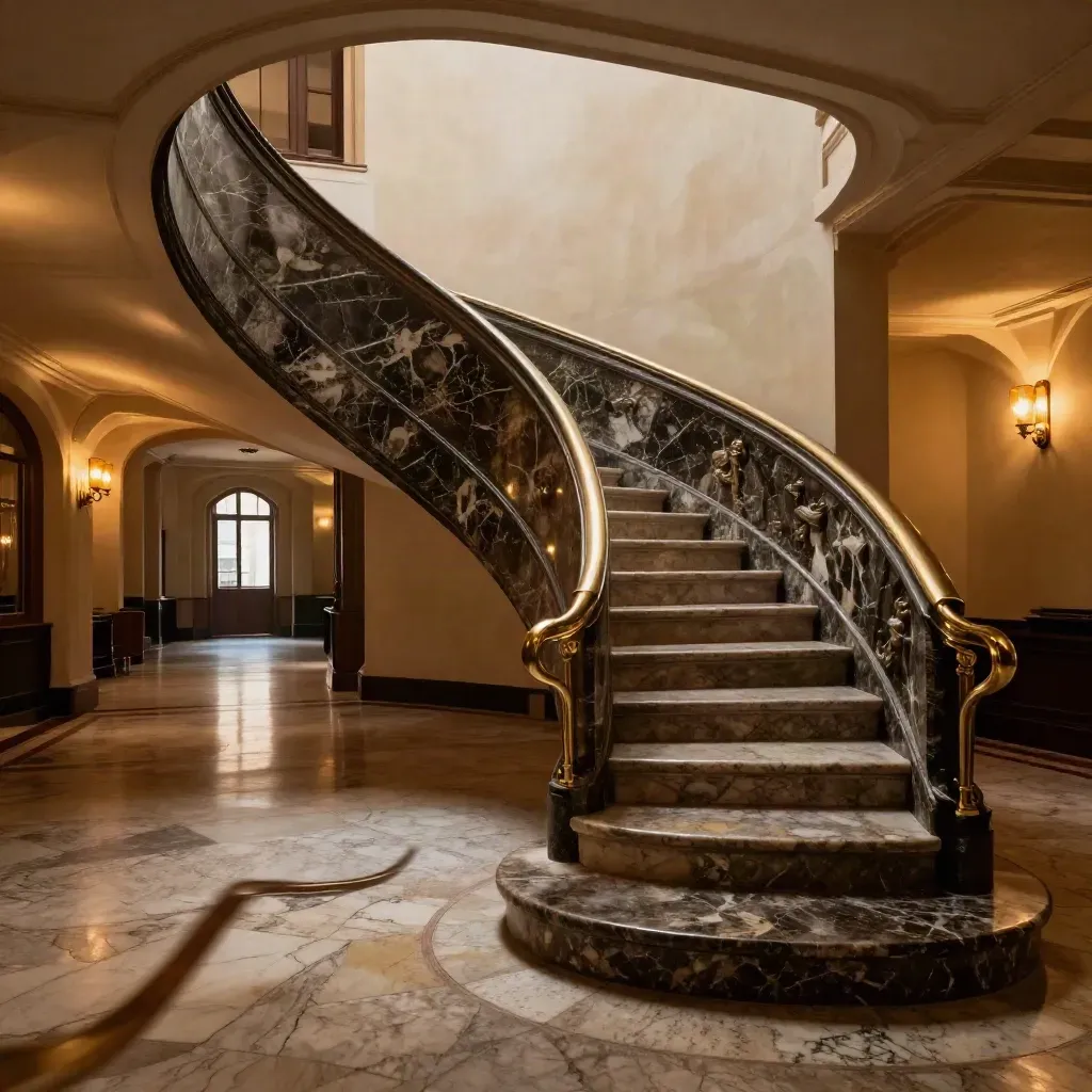 Foyer di teatro milanese con scala elicoidale, marmo scuro e lampade calde prima dell’apertura.