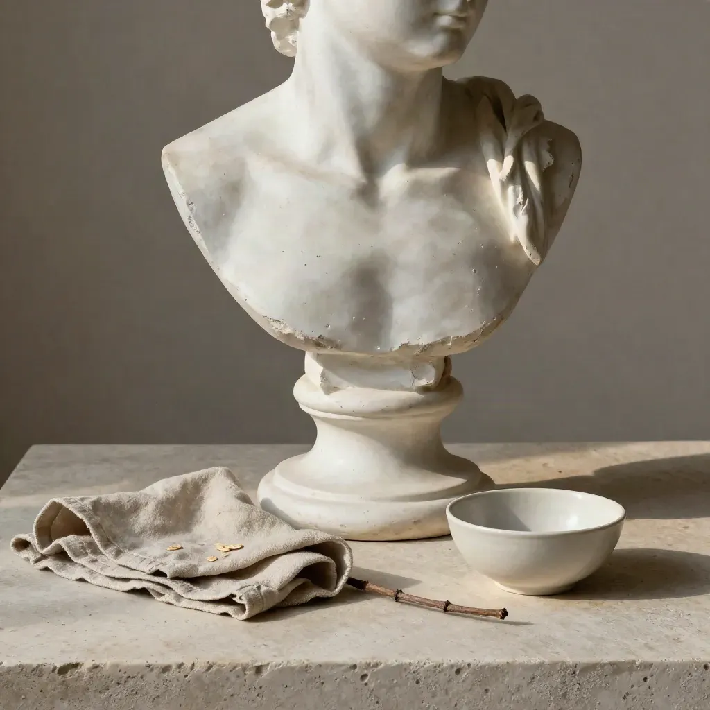 Busto classico in gesso con lino, ciotola e rametto secco su pietra chiara.