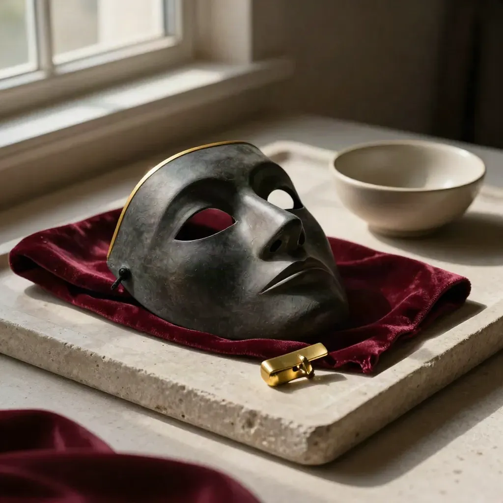 Maschera teatrale scura su velluto bordeaux con fermaglio in ottone e ciotola neutra