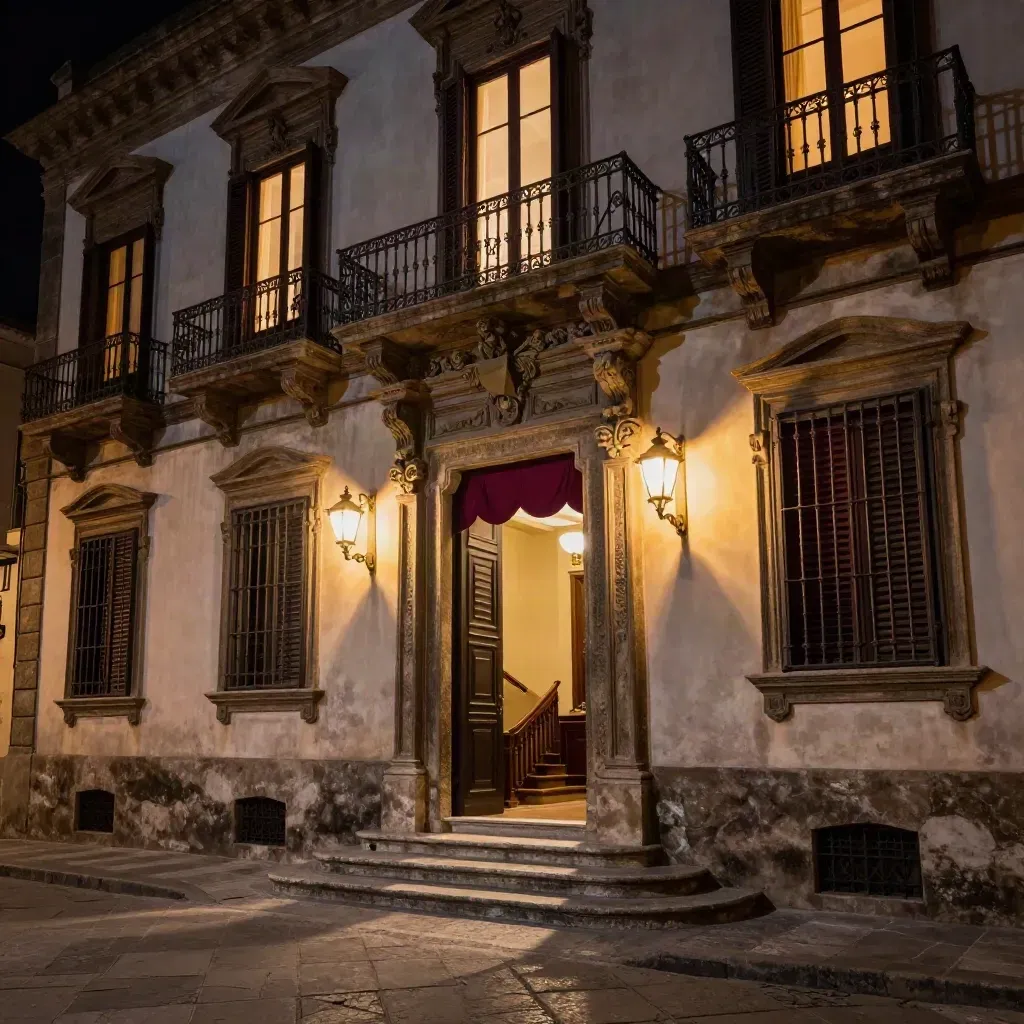 Palazzo barocco palermitano di notte, ingresso aperto, scale in pietra e finestre che si accendono.