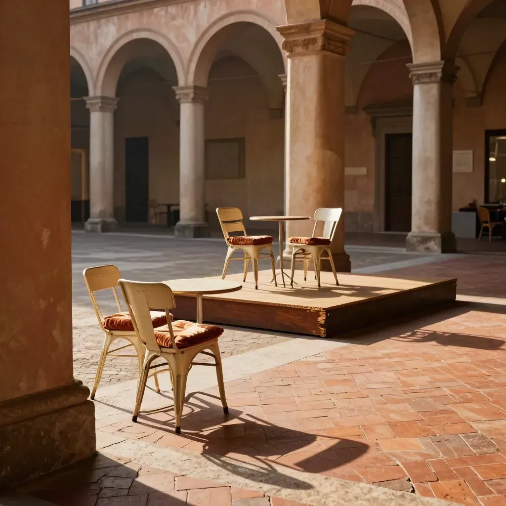 Cortile bolognese sotto i portici, sedie impilate e pedana nella luce dorata.